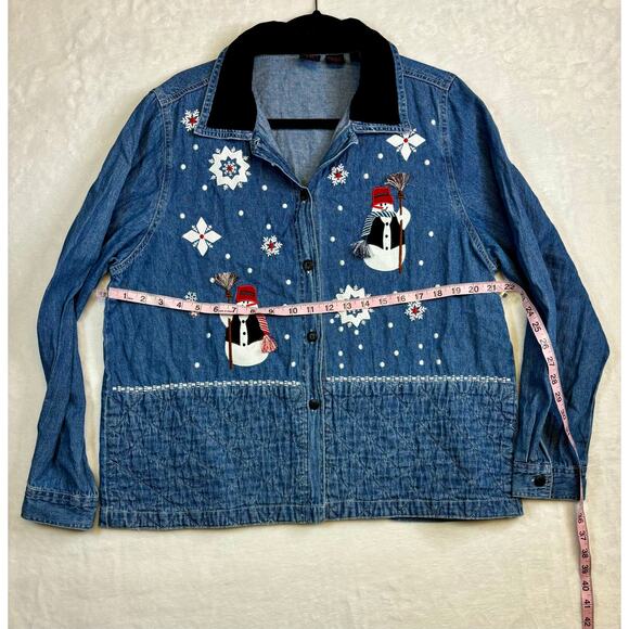 Vintage Blue Denim Snowman Shirt Shacket Embroidered Applique Large - Picture 3 of 6